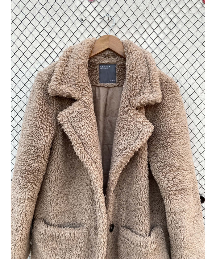 Fawn colored, long teddy coat