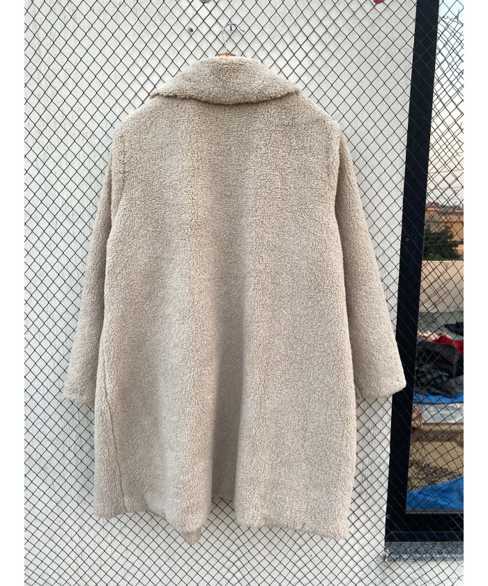Cream colored, long teddy coat