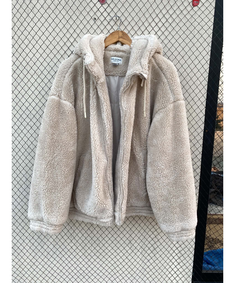 Cream colored, unisex, oversized, teddy hooded jacket