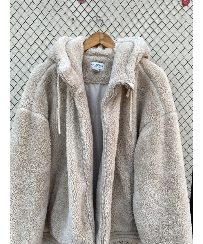 Cream colored, unisex, oversized, teddy hooded jacket