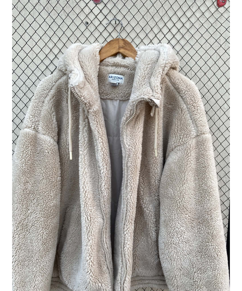 Cream colored, unisex, oversized, teddy hooded jacket