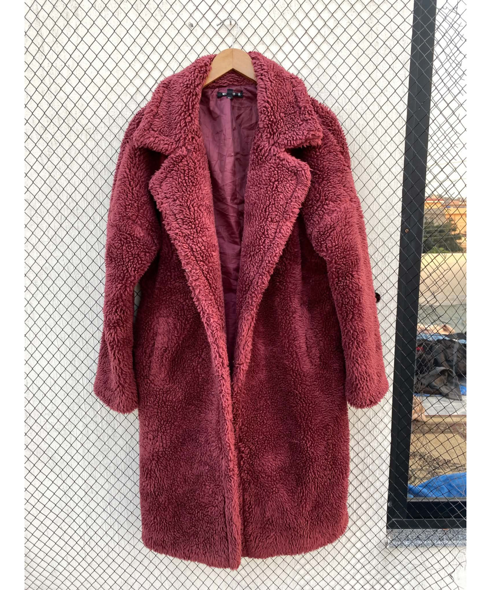 Plum colored long teddy coat