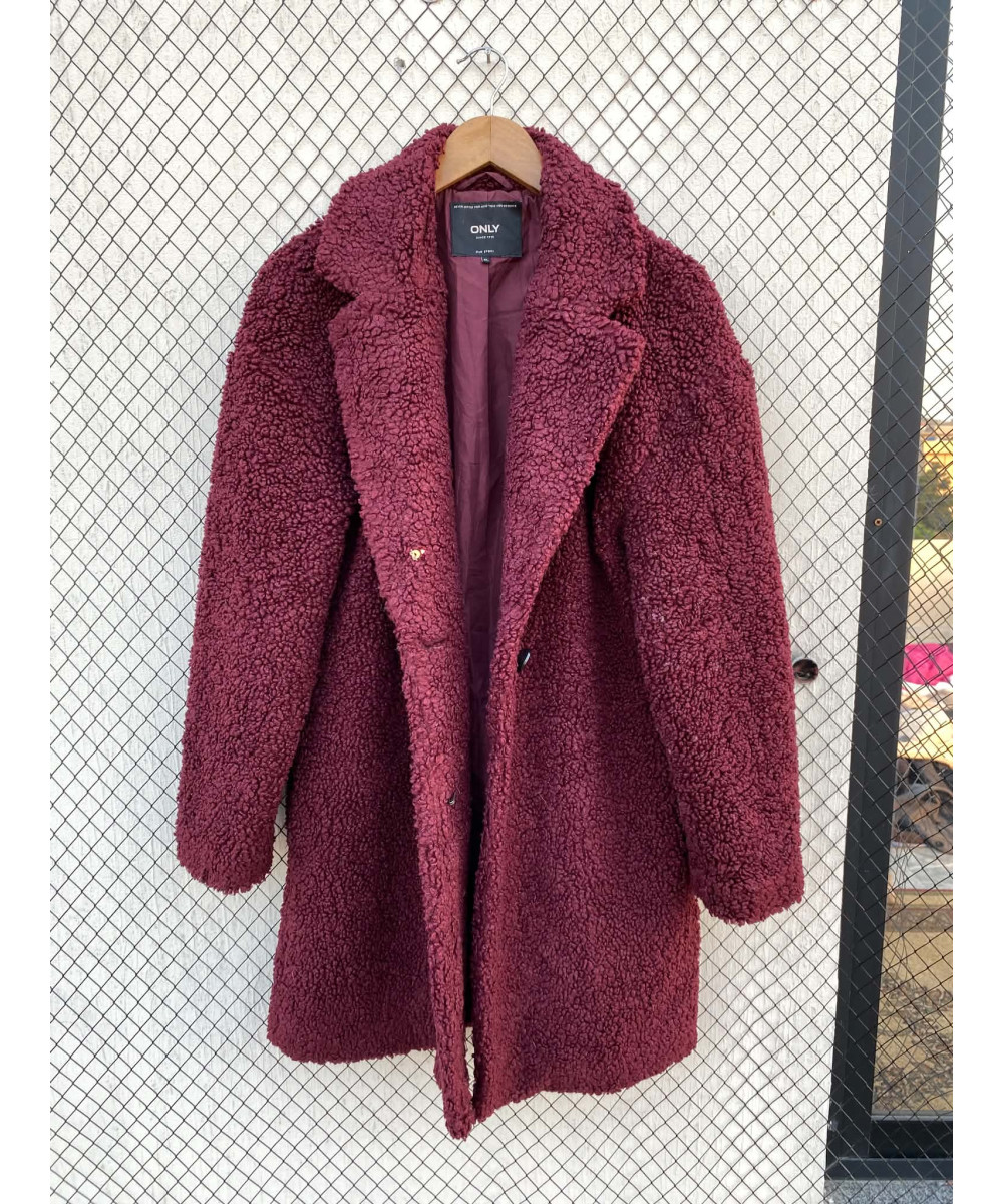 Maroon, long, teddy coat