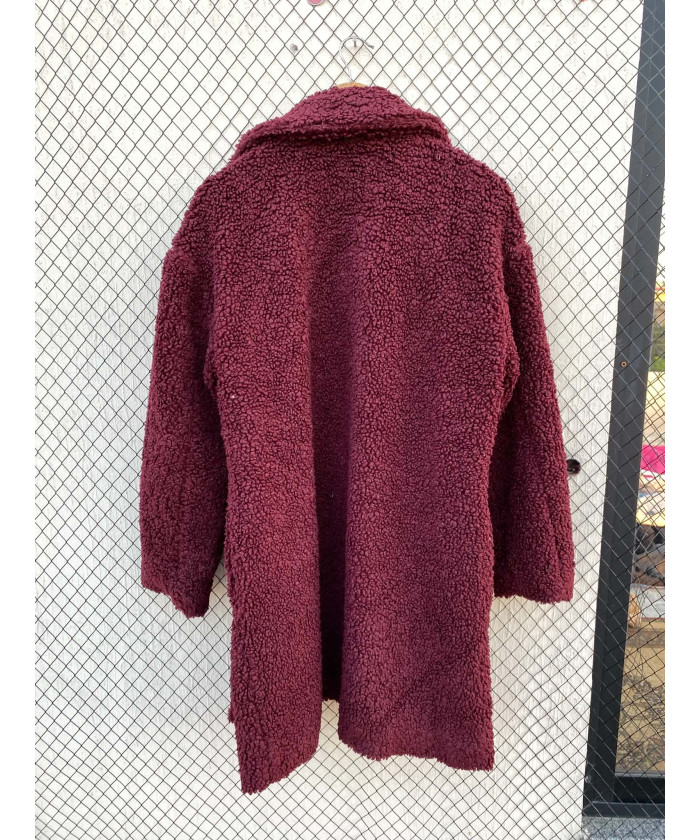 Maroon, long, teddy coat