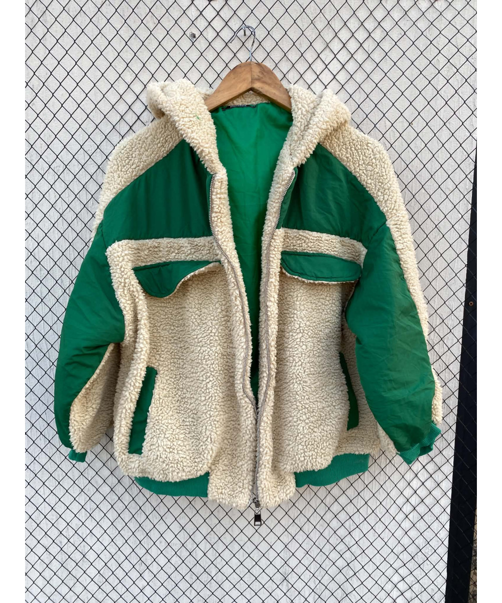 Beige & green, teddy, zipper, hooded jacket