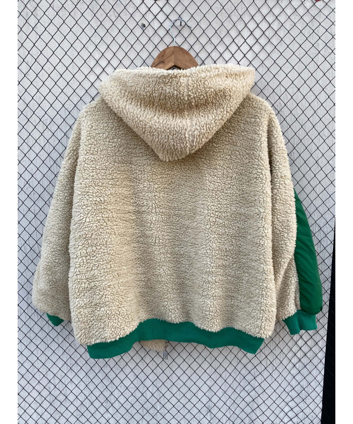 Beige & green, teddy, zipper, hooded jacket