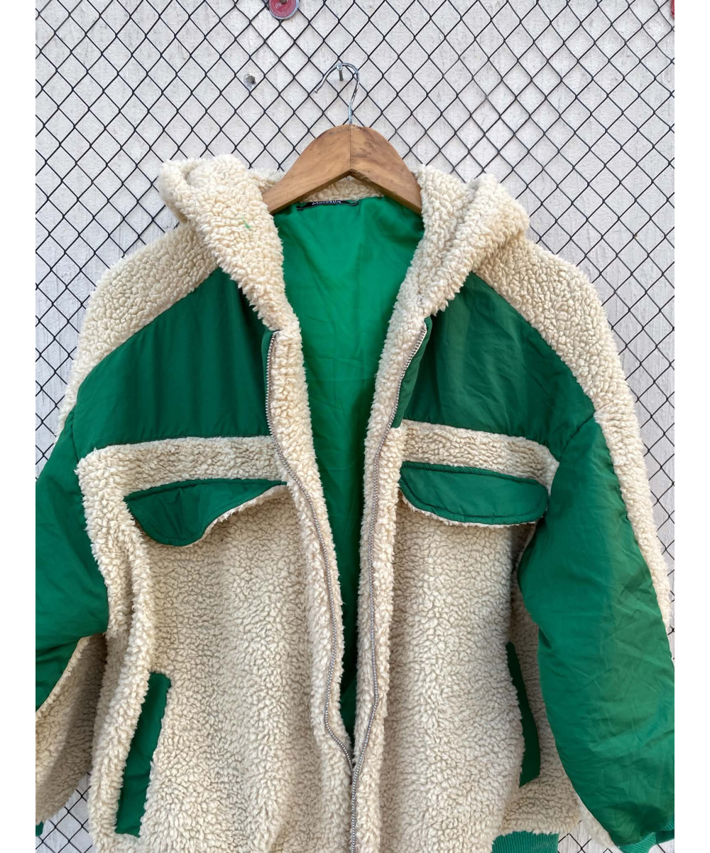 Beige & green, teddy, zipper, hooded jacket