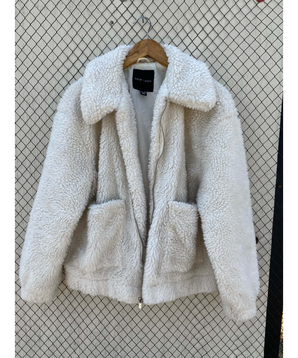 White, teddy, zipper jacket