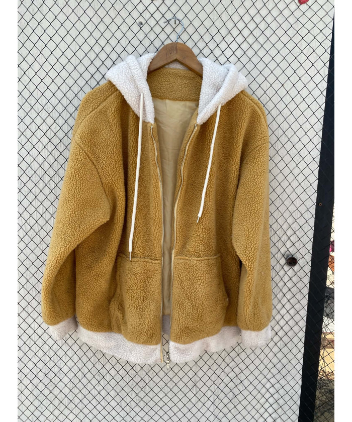 Mustard colored, teddy, hooded jacket