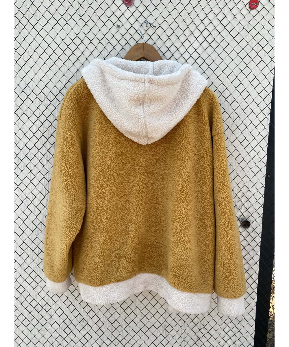 Mustard colored, teddy, hooded jacket