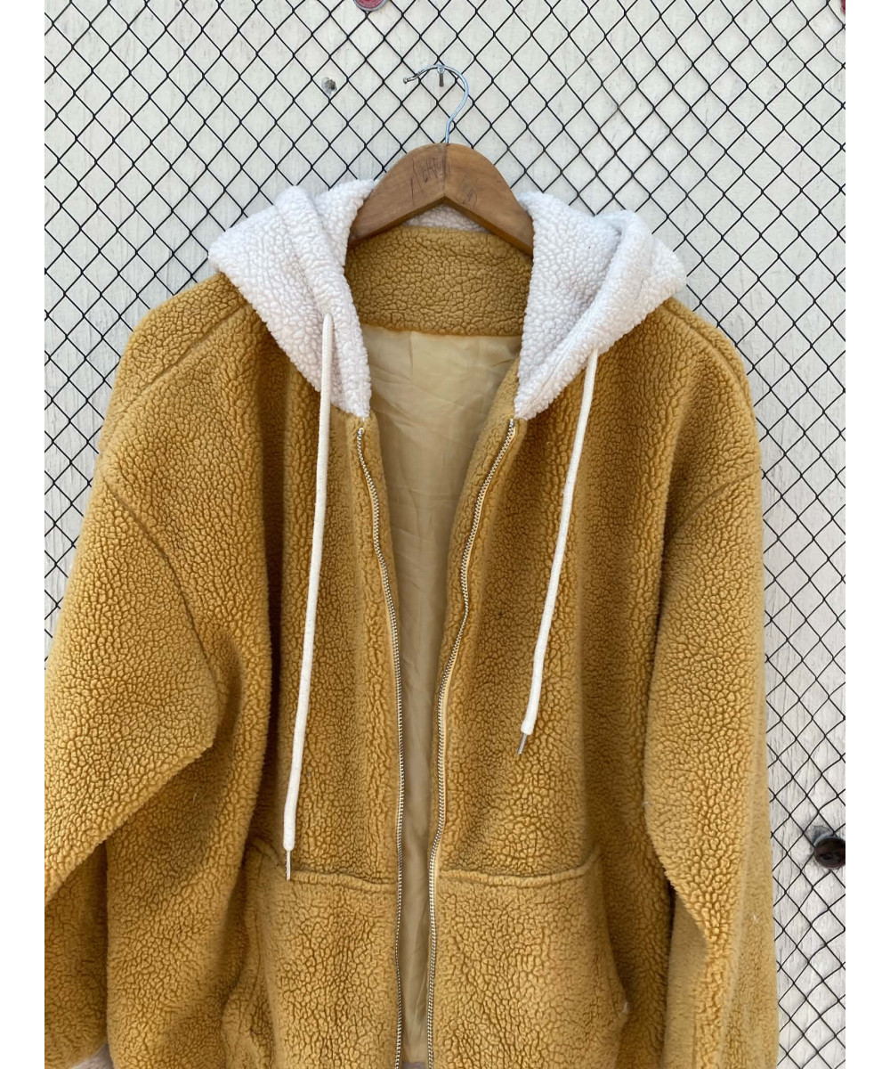 Mustard colored, teddy, hooded jacket
