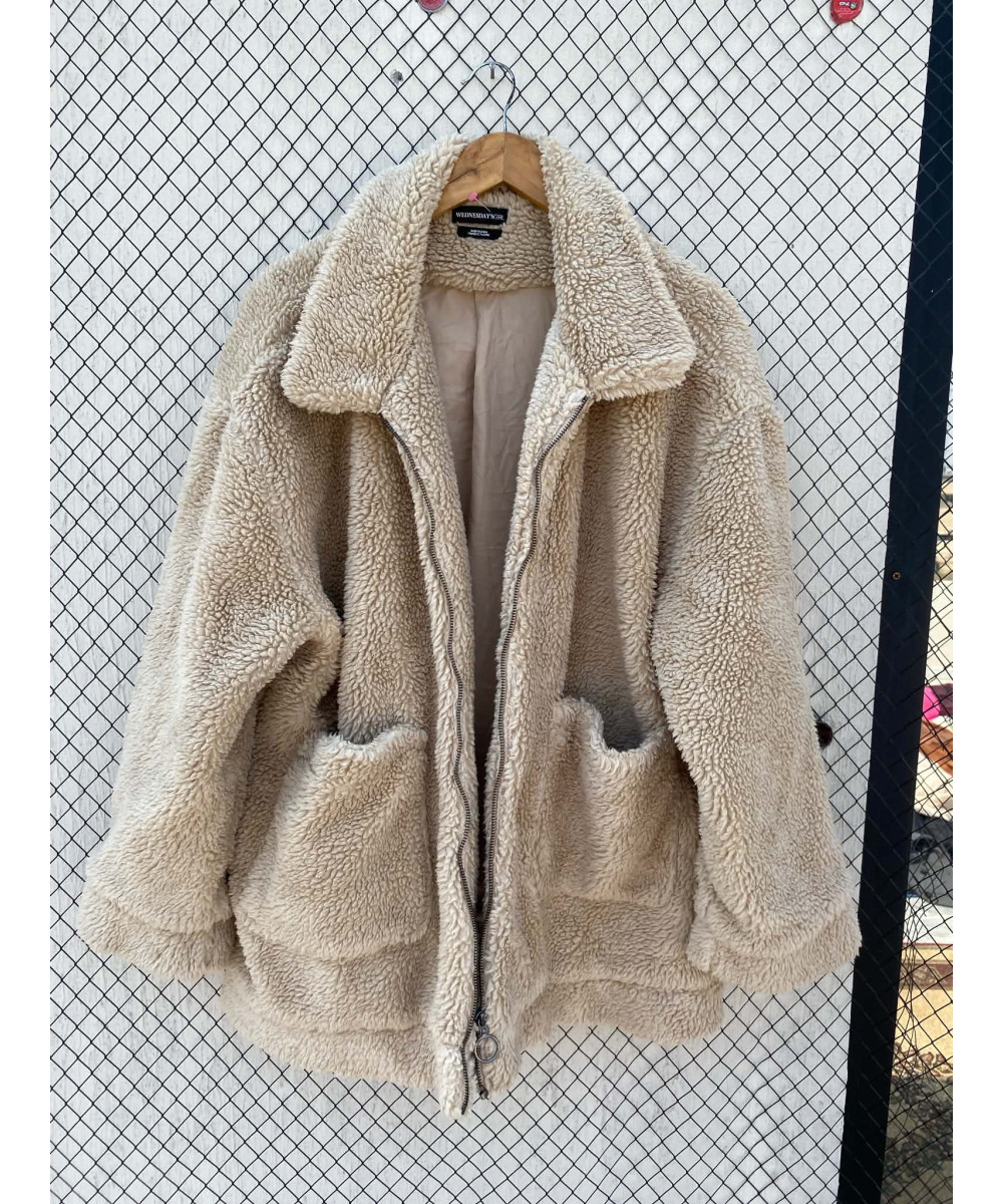 Beige, oversized, teddy jacket