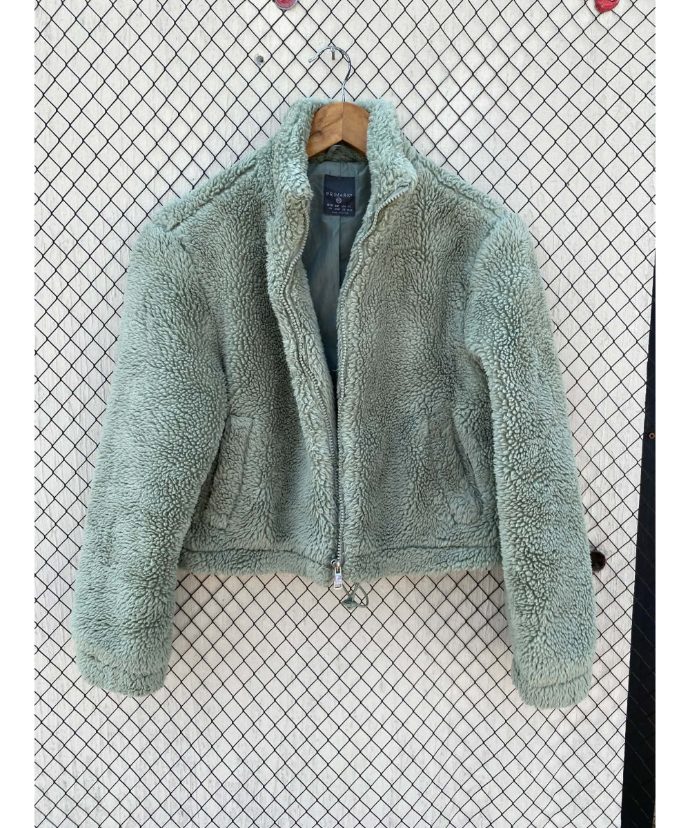 Green, teddy, crop, zipper jacket