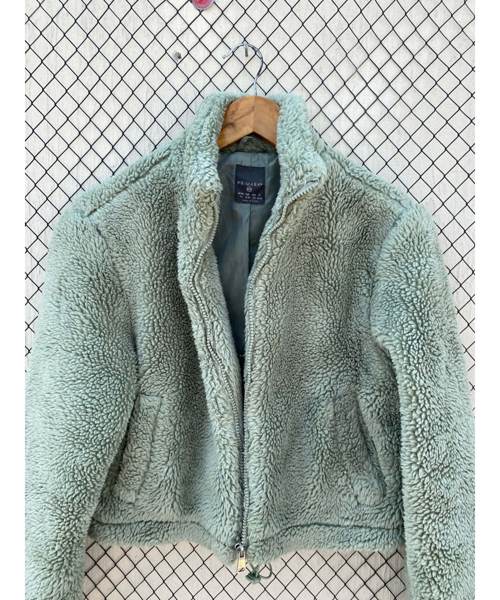 Green, teddy, crop, zipper jacket