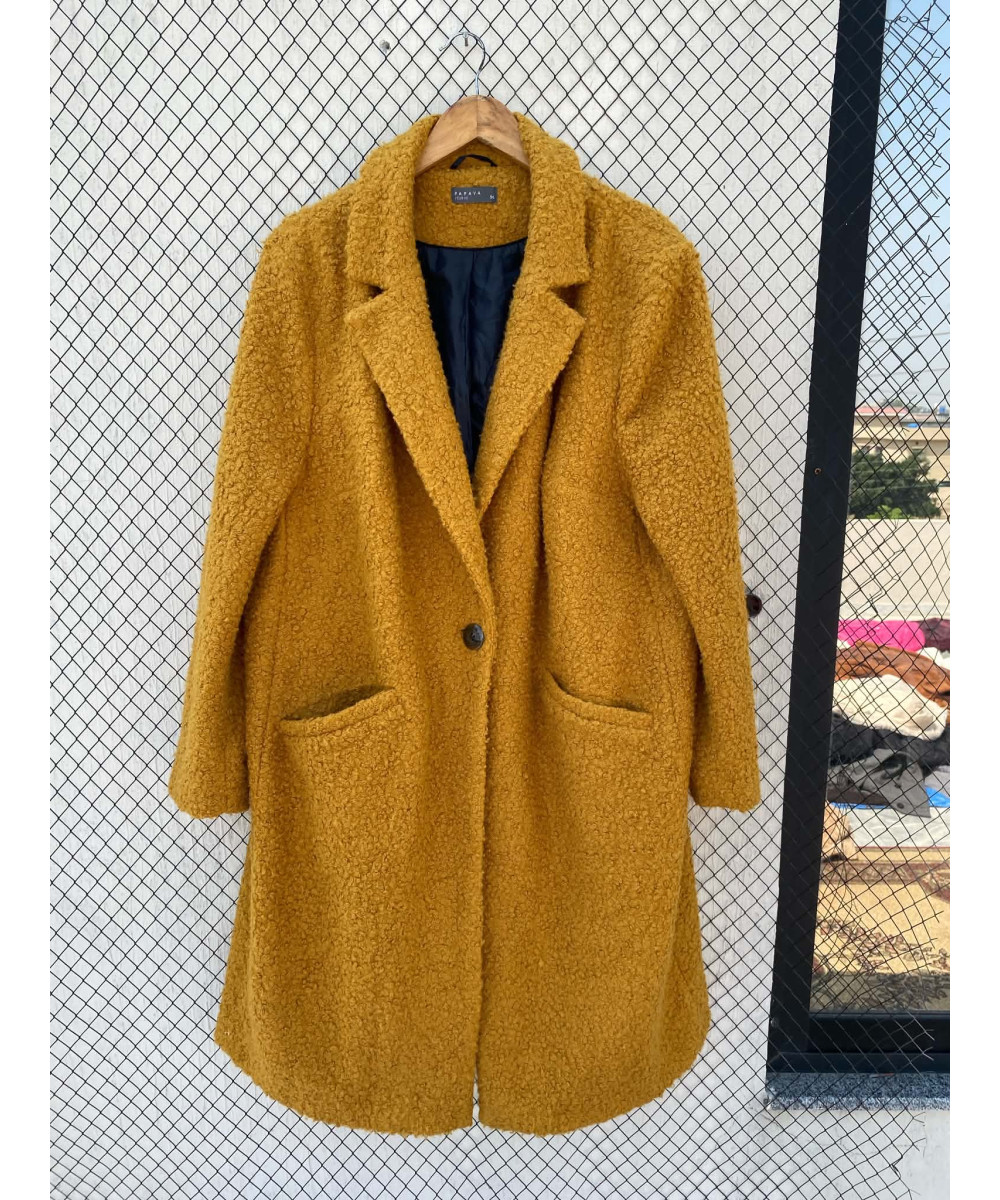 Mustard colored, long, teddy coat