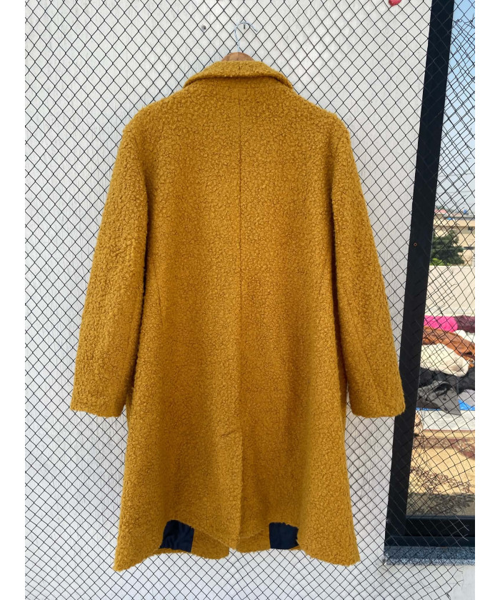Mustard colored, long, teddy coat