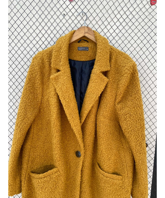 Mustard colored, long, teddy coat