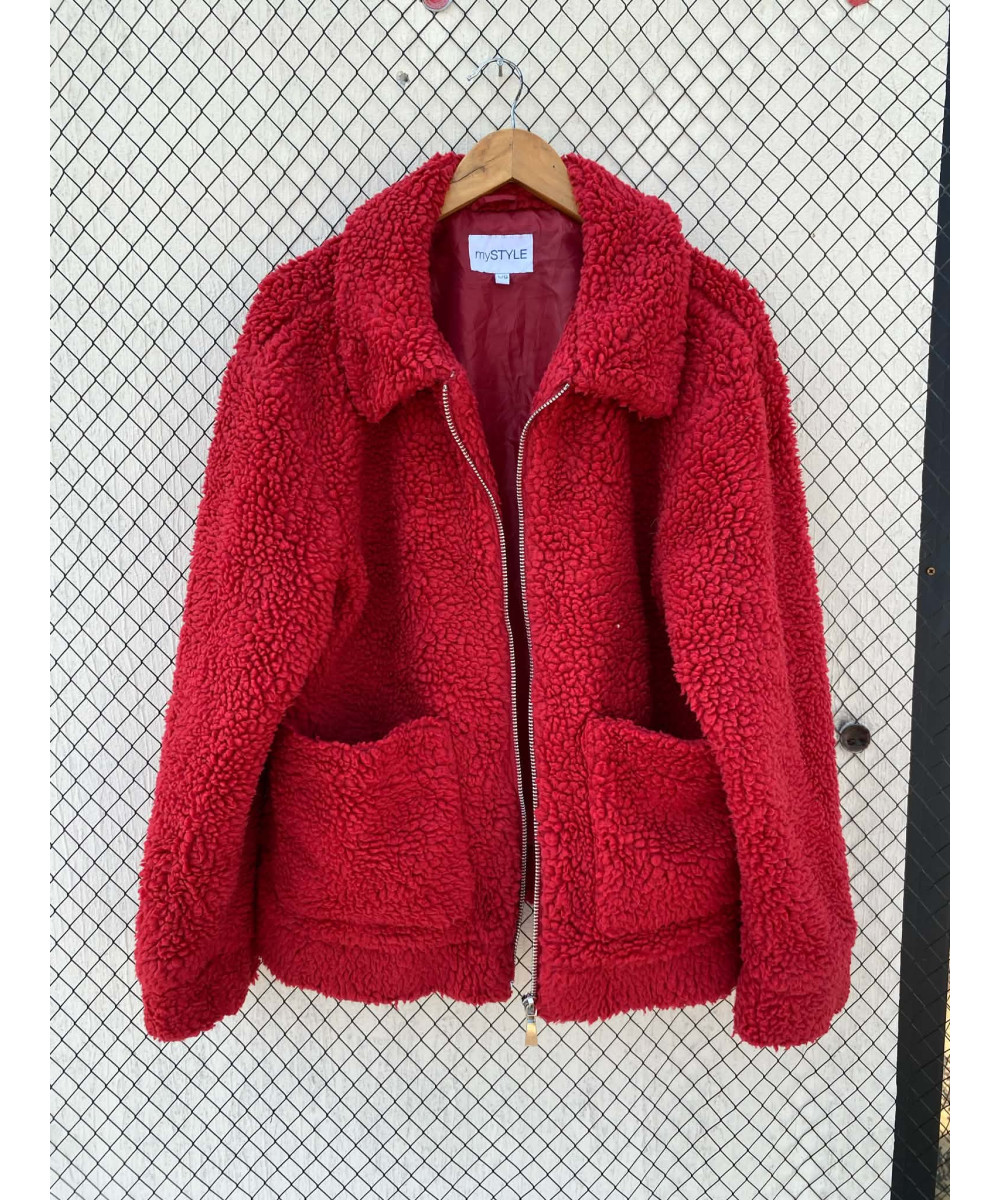 Red, teddy, zipper jacket