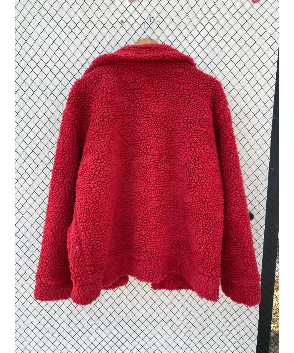 Red, teddy, zipper jacket