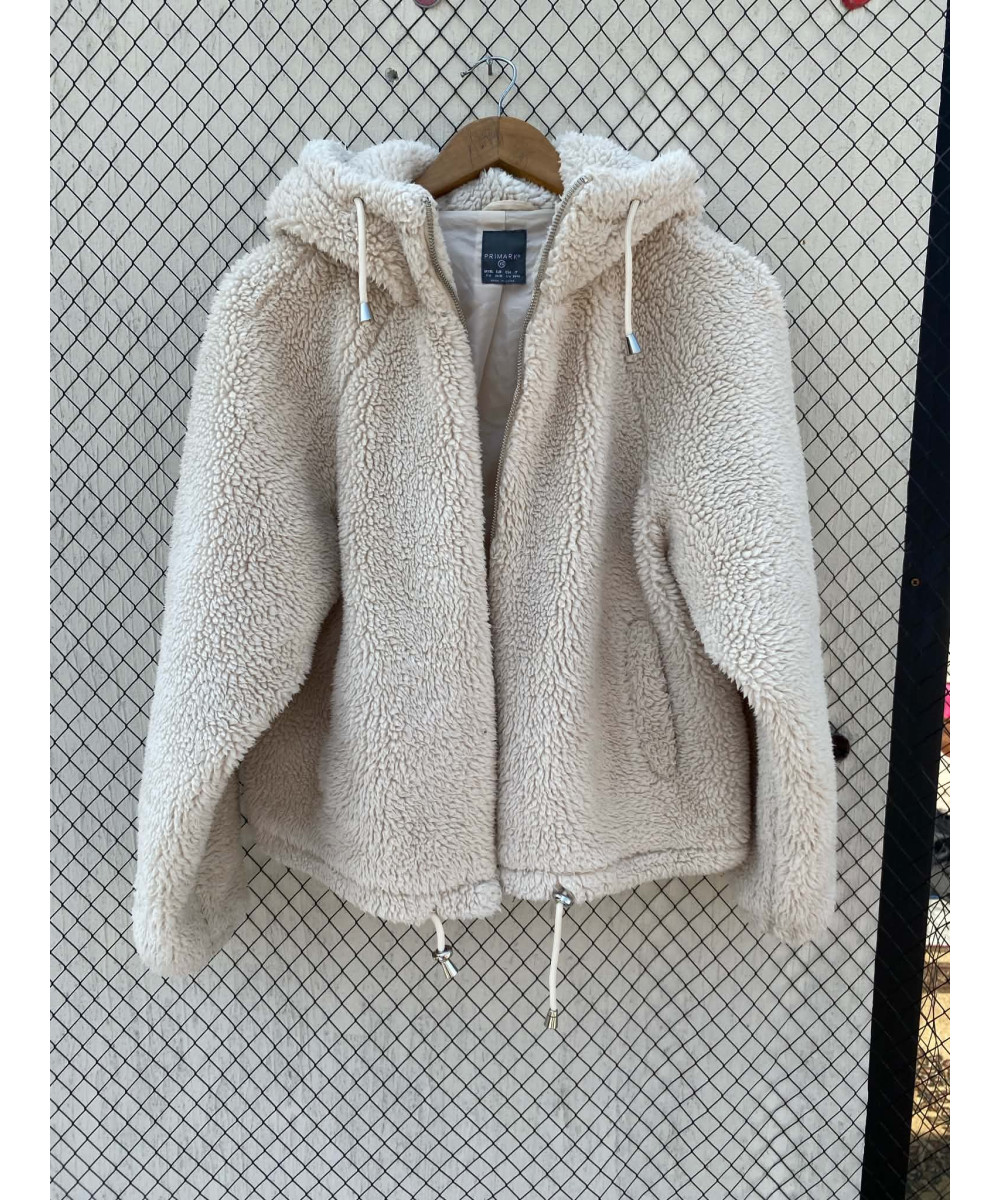 Cream-colored, teddy, zipper, hooded jacket