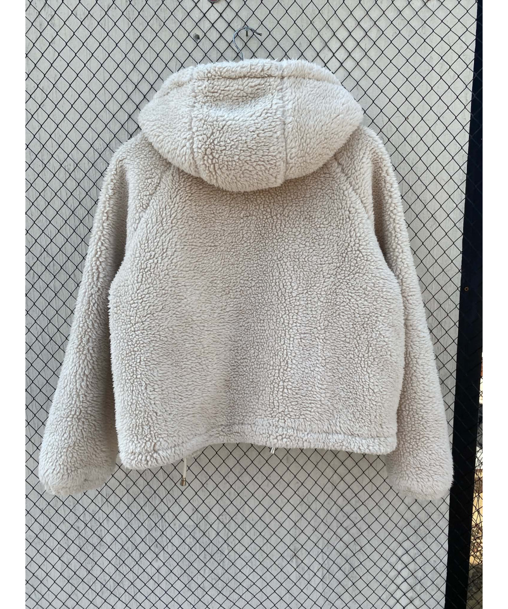 Cream-colored, teddy, zipper, hooded jacket