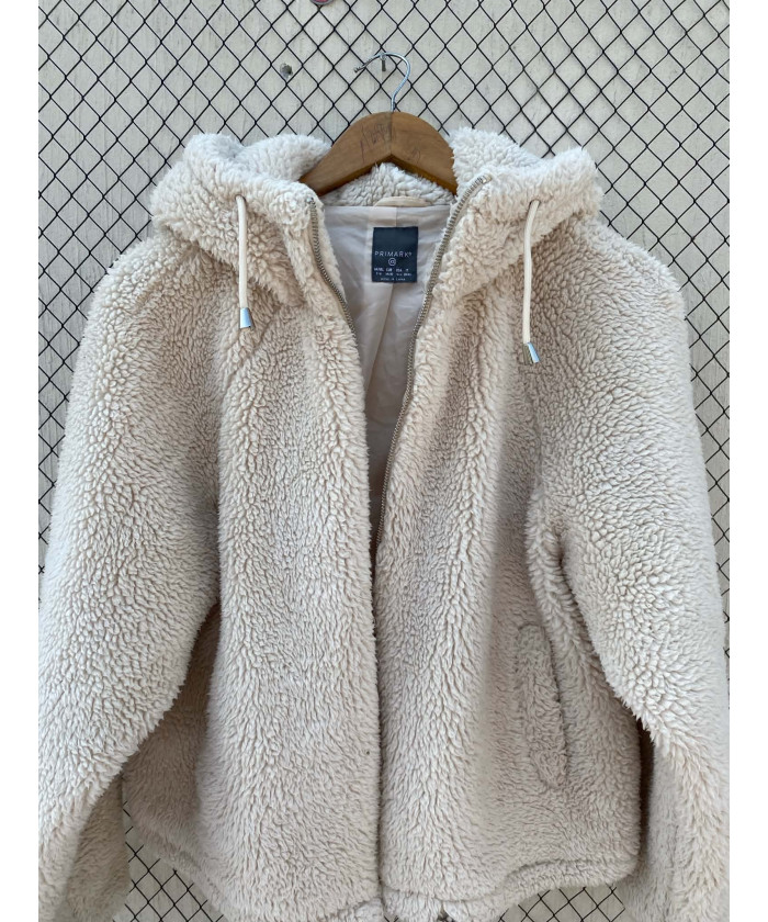 Cream-colored, teddy, zipper, hooded jacket