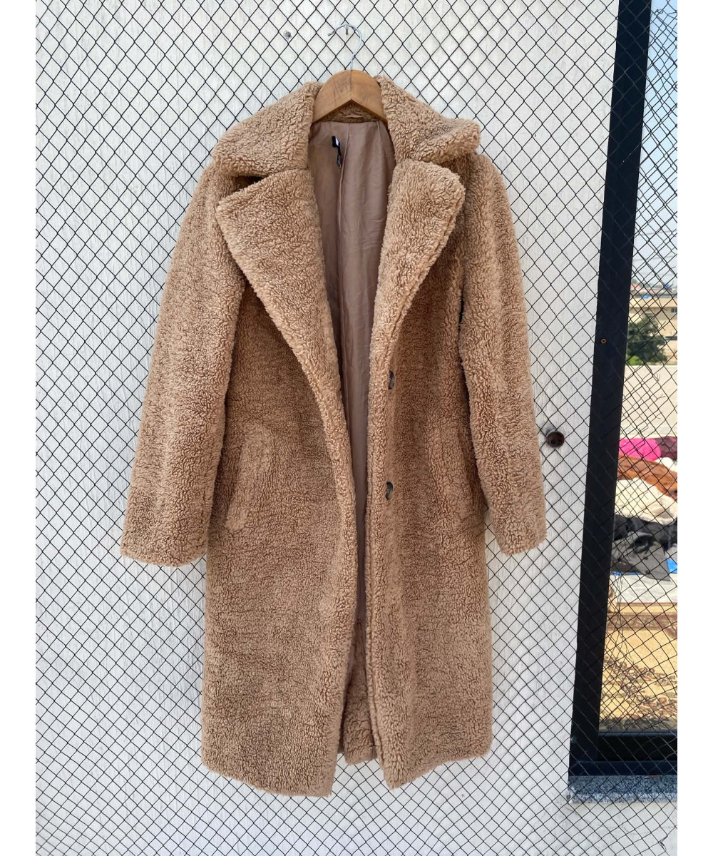 Fawn colored, long, teddy coat