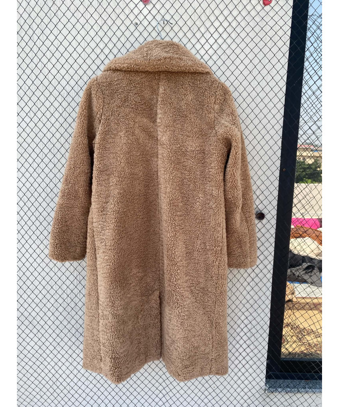 Fawn colored, long, teddy coat