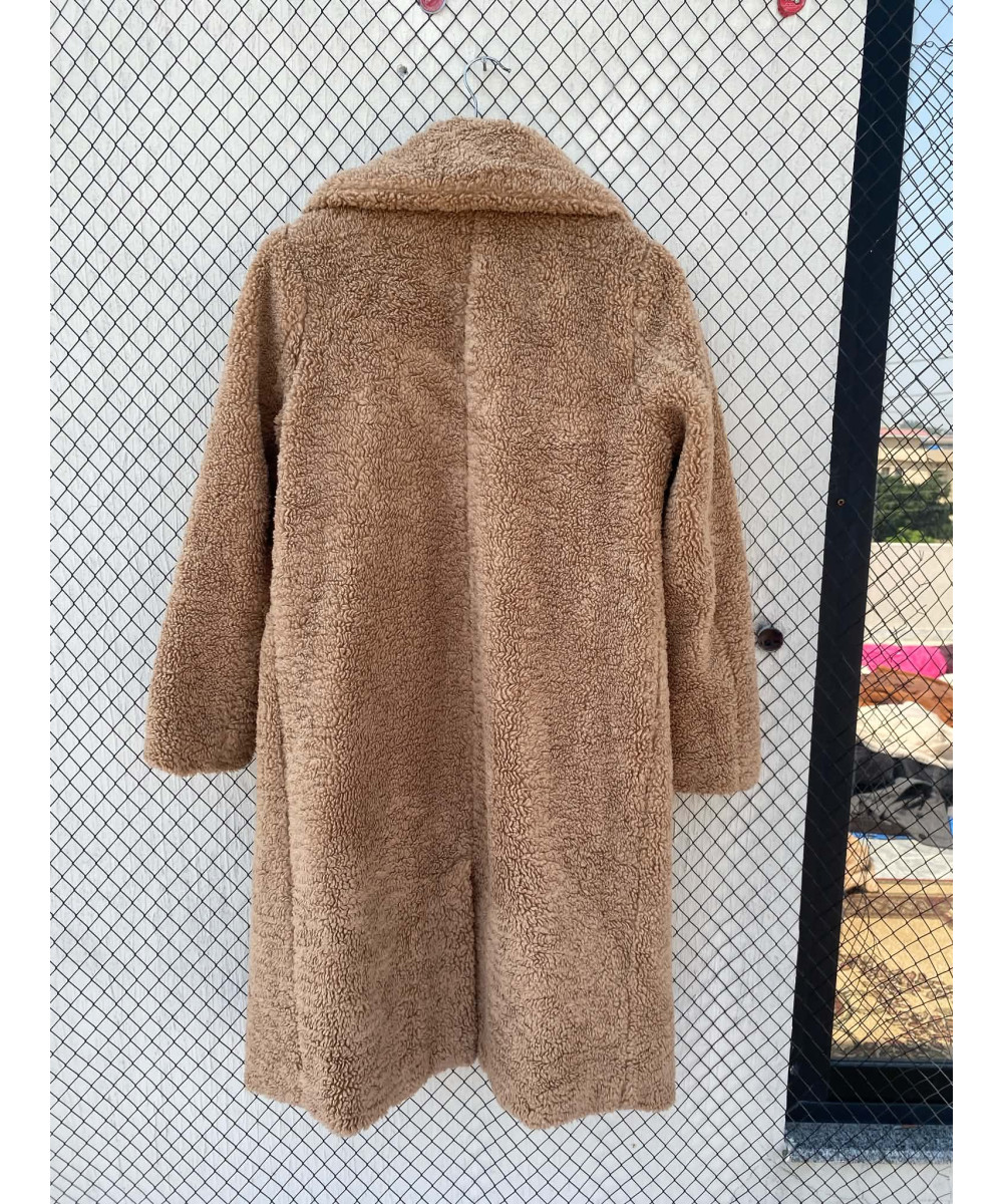 Fawn colored, long, teddy coat