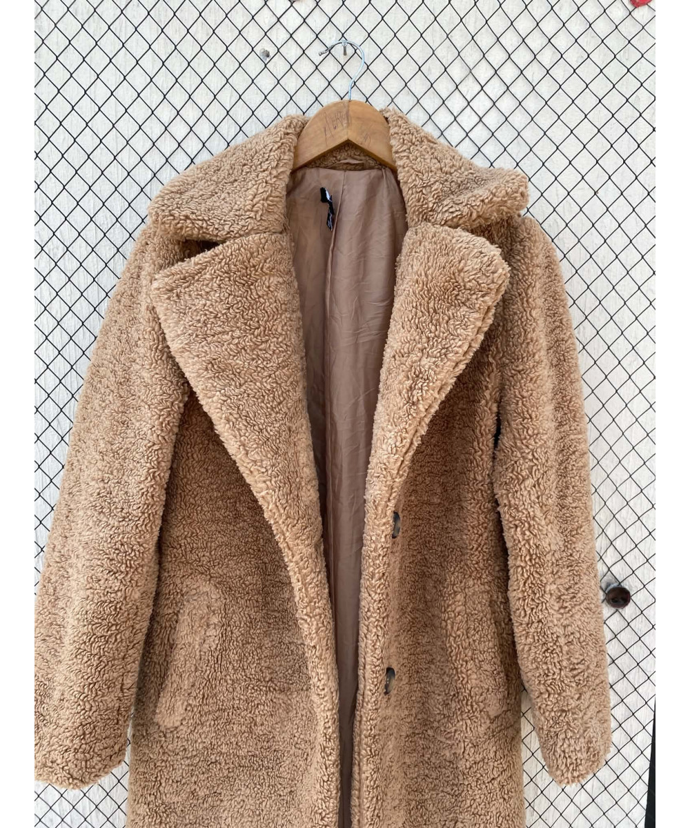 Fawn colored, long, teddy coat