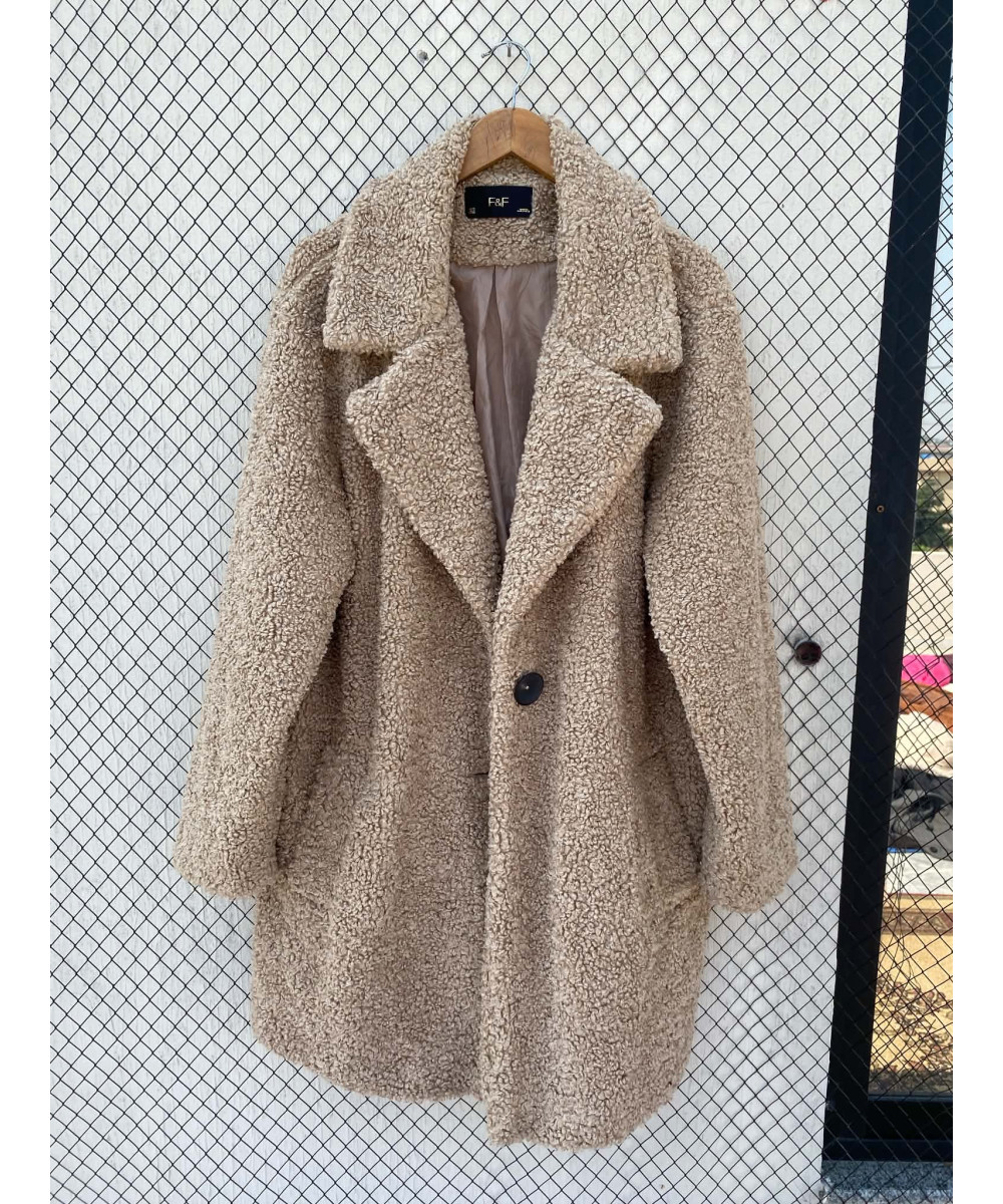 Fawn-colored, long, teddy coat