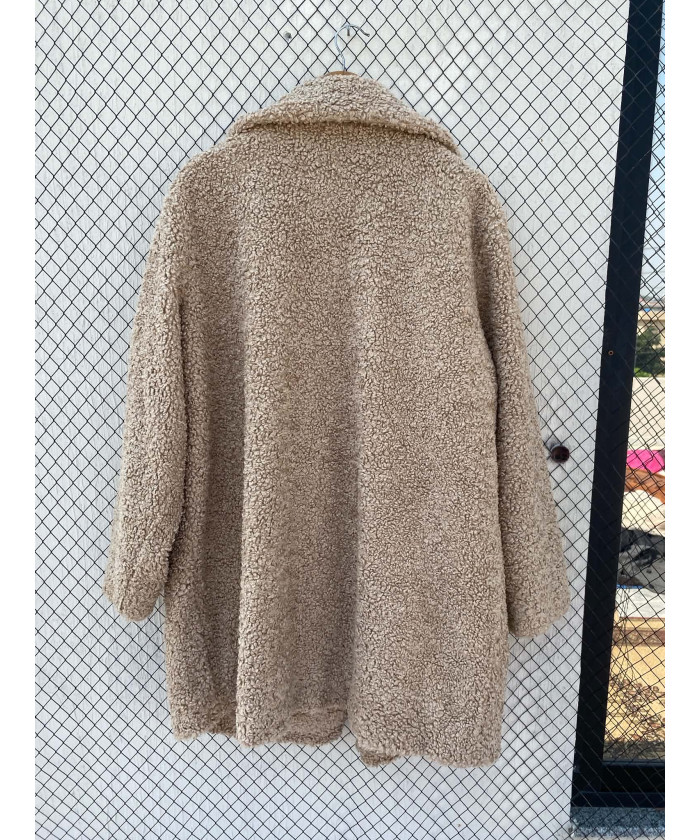 Fawn-colored, long, teddy coat