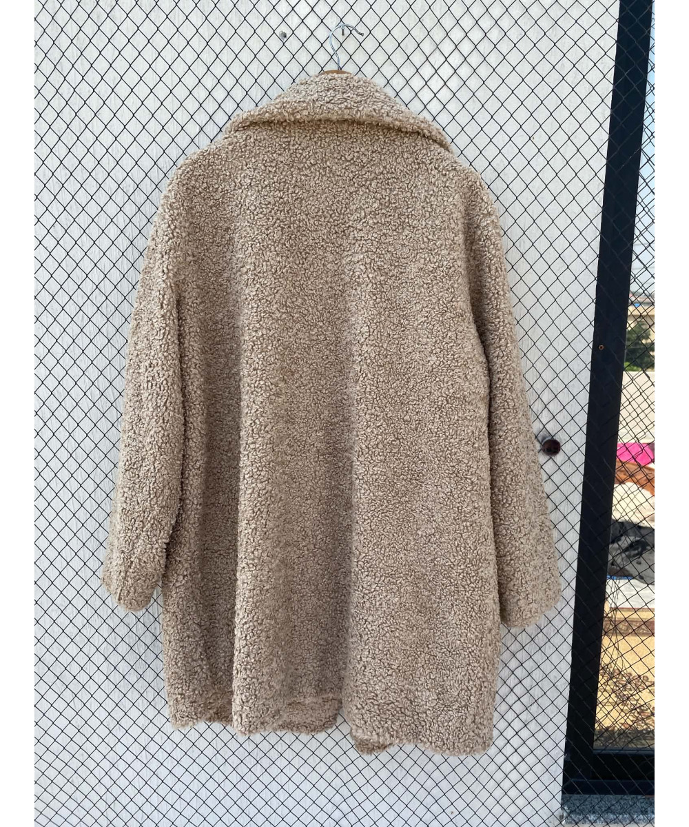 Fawn-colored, long, teddy coat