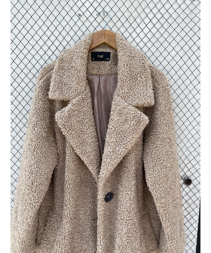 Fawn-colored, long, teddy coat