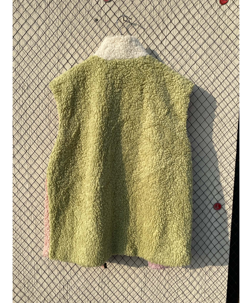 Tri-colored, teddy, sleeveless, zipper jacket