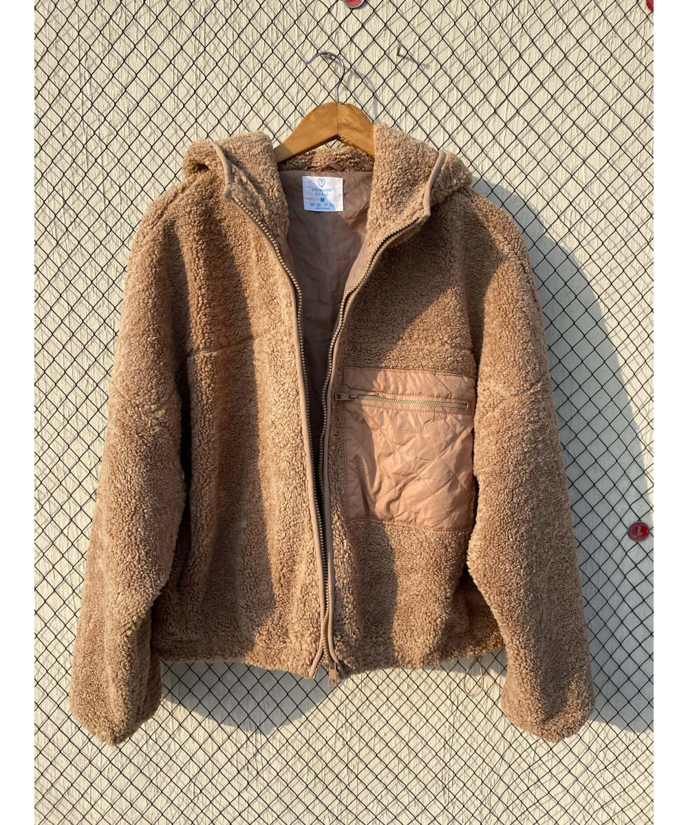 Fawn-colored, teddy, zipper, hooded jacket