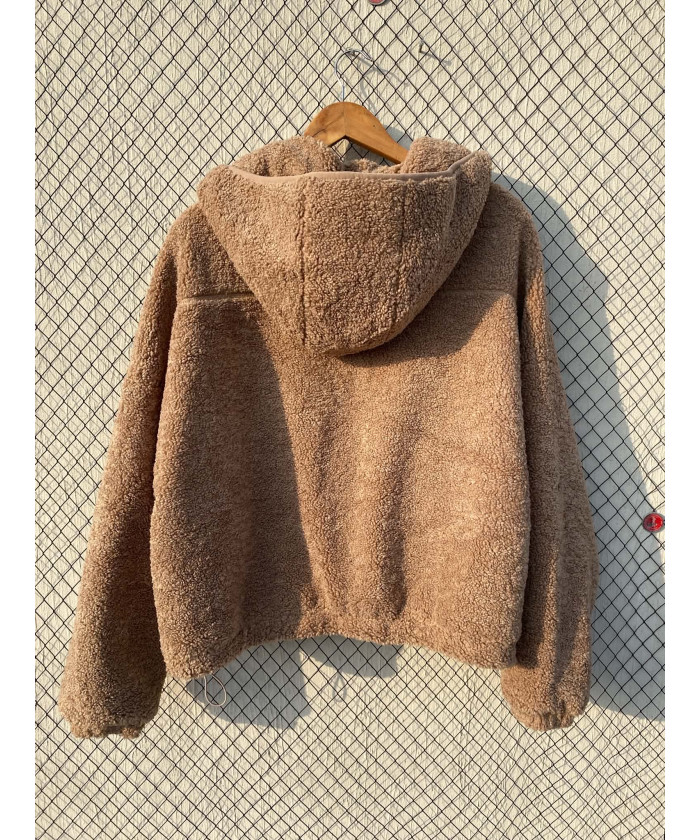 Fawn-colored, teddy, zipper, hooded jacket
