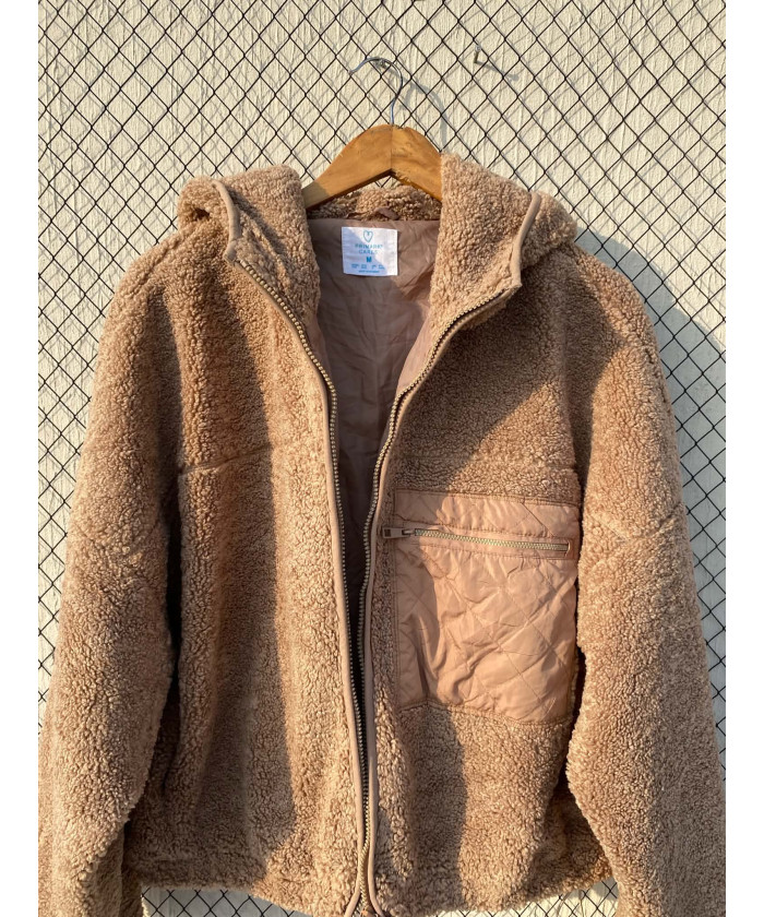 Fawn-colored, teddy, zipper, hooded jacket