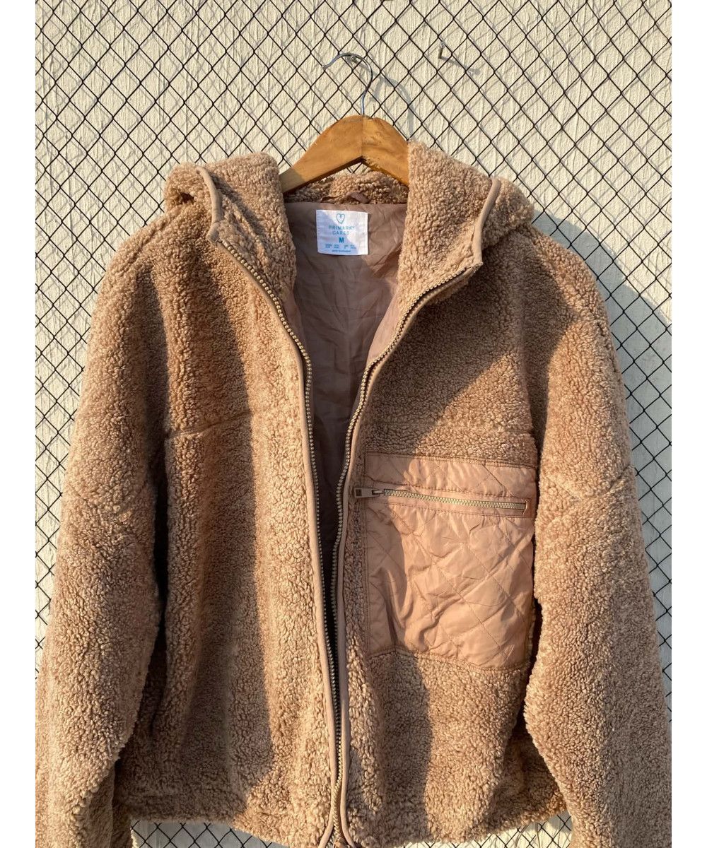 Fawn-colored, teddy, zipper, hooded jacket