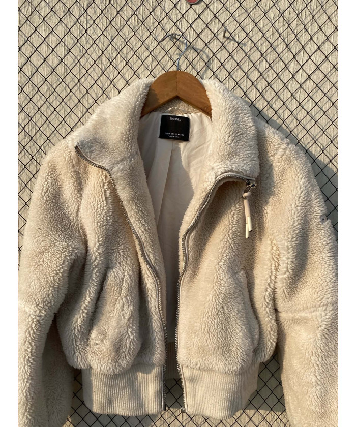 Off-white colored, crop, teddy, zipper jacket