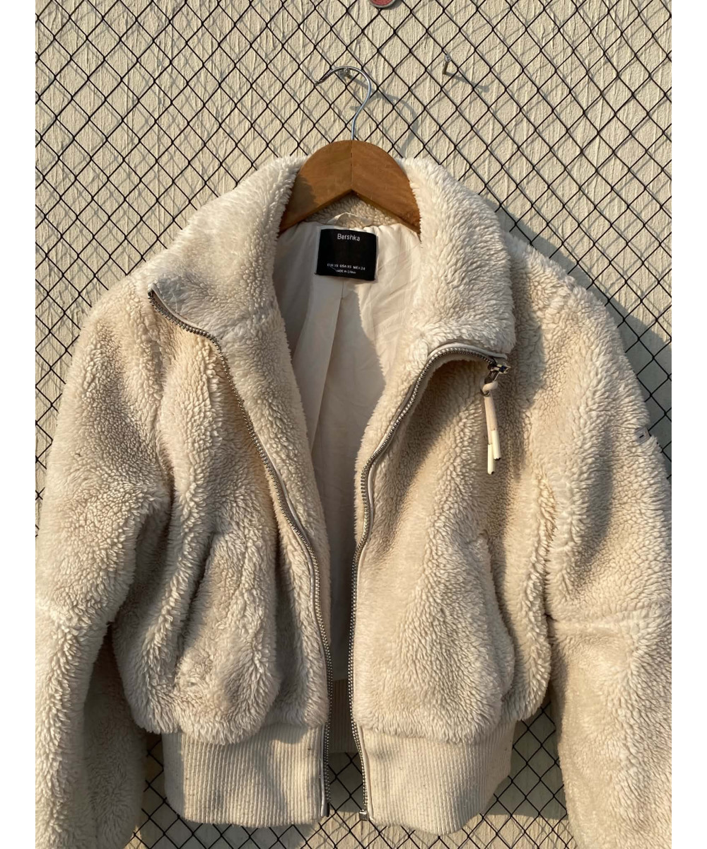 Off-white colored, crop, teddy, zipper jacket