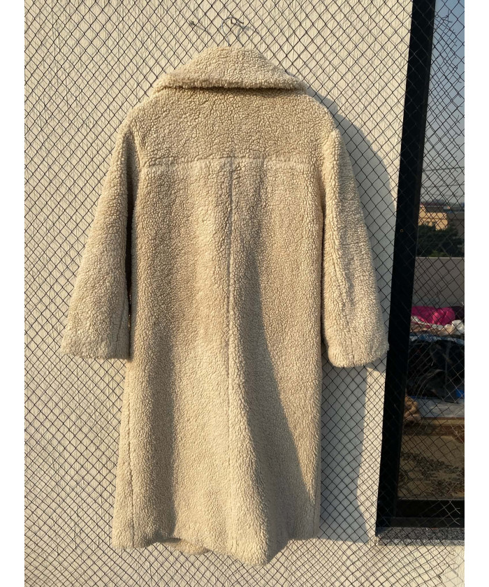 Cream-colored, long, teddy coat