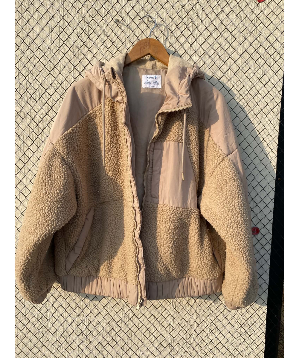 Fawn-colored, teddy, zipper, hooded jacket