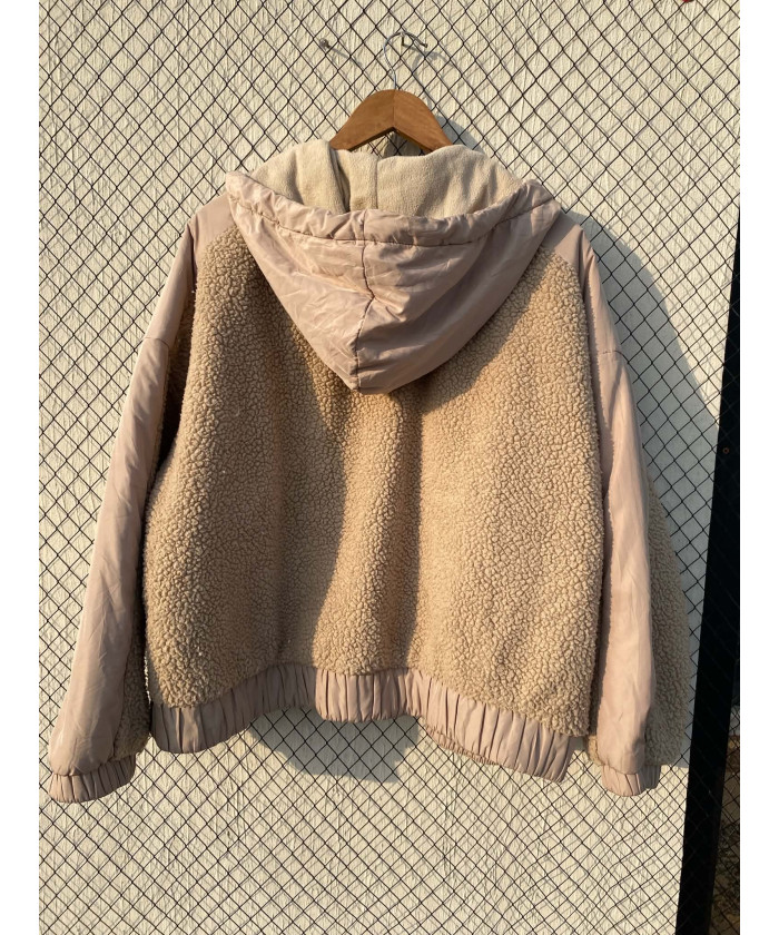 Fawn-colored, teddy, zipper, hooded jacket