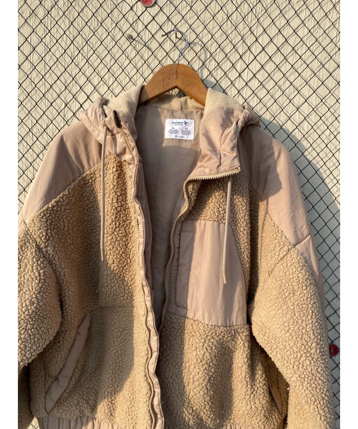 Fawn-colored, teddy, zipper, hooded jacket