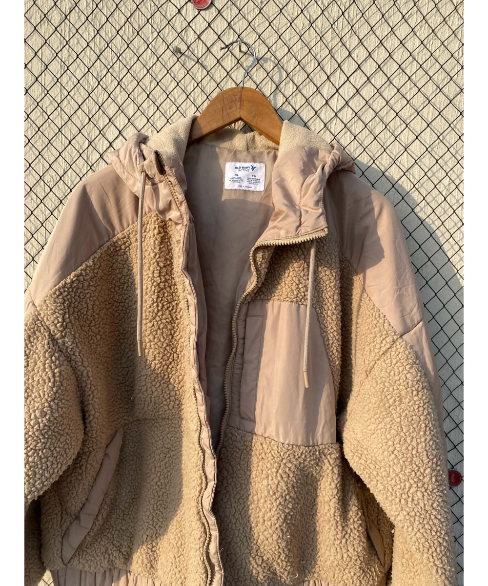 Fawn-colored, teddy, zipper, hooded jacket