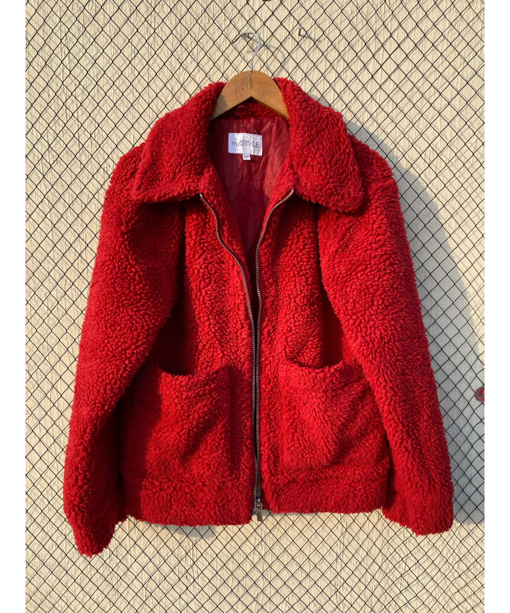 Red, teddy, zipper jacket