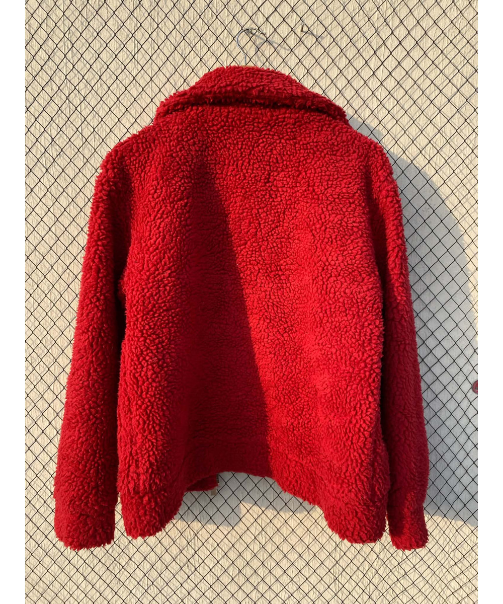 Red, teddy, zipper jacket