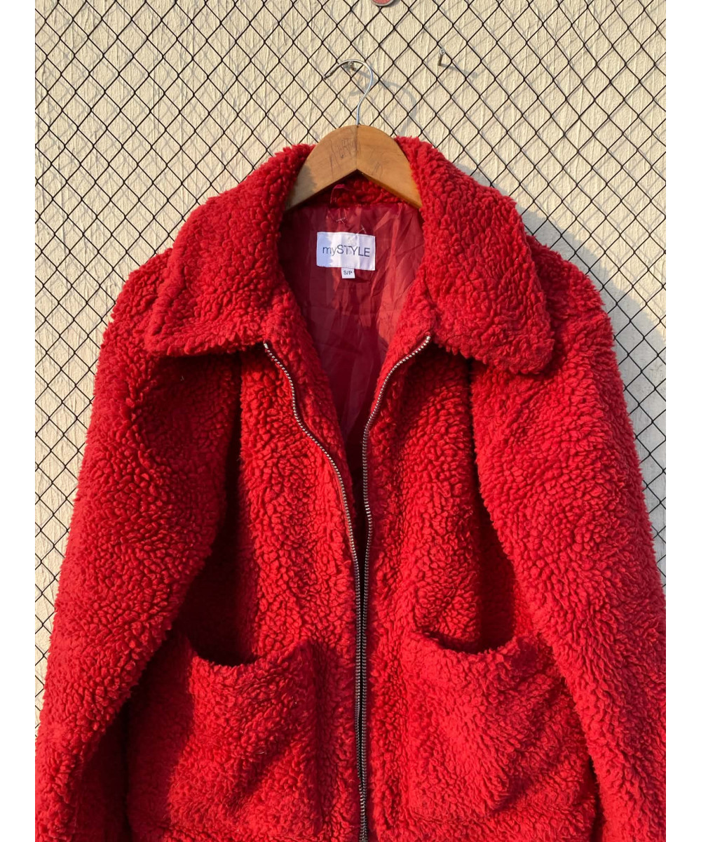 Red, teddy, zipper jacket