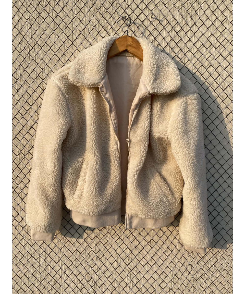 Off-white colored, crop, teddy, zipper jacket